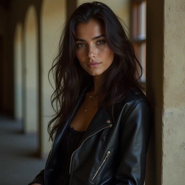 Mulher moderna e estilosa com jaqueta de couro em teatro.