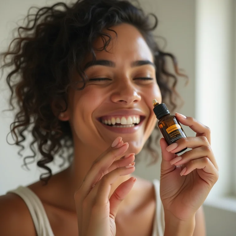 Mulher morena adicionando óleo essencial de gerânio ao hidratante