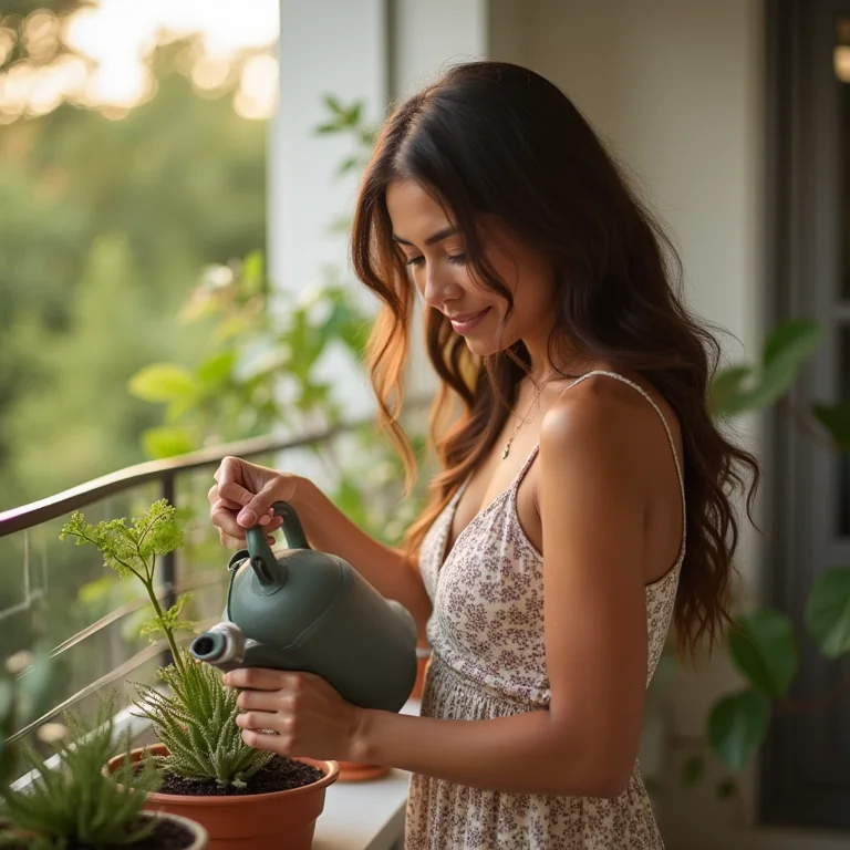 Mulher morena cuidando de suculentas na varanda.