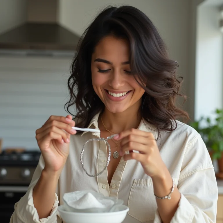 Mulher morena limpando joia de prata com vinagre e bicarbonato