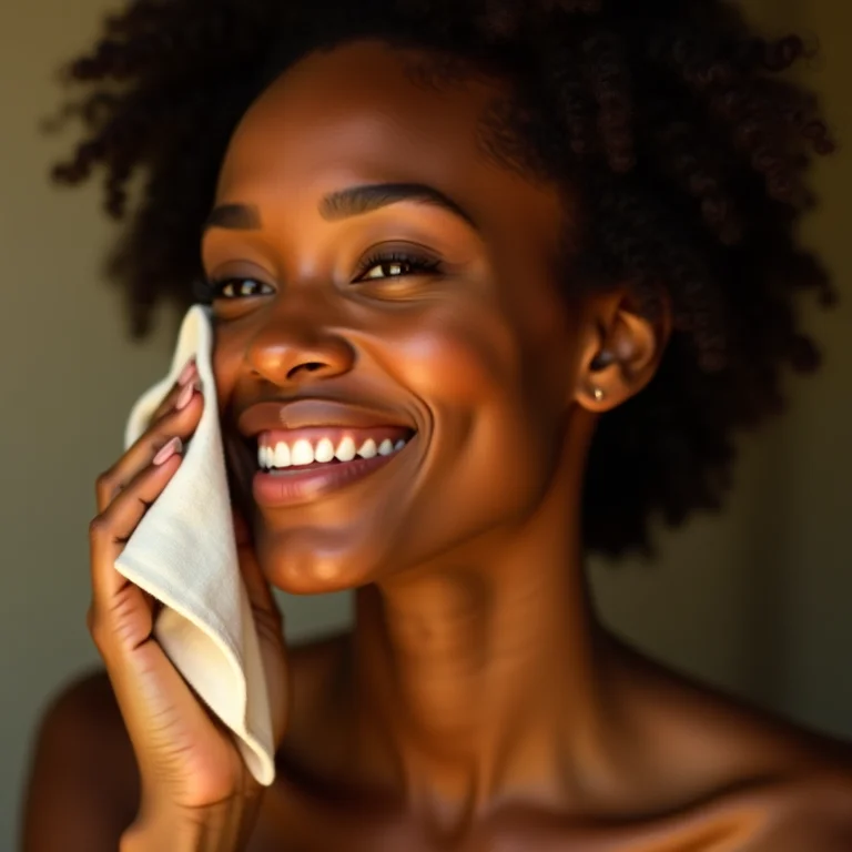 Mulher morena limpando o rosto com pano suave