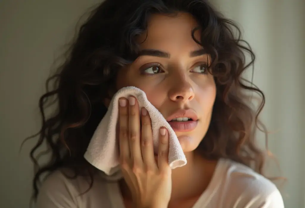 Mulher morena removendo maquiagem com pano macio