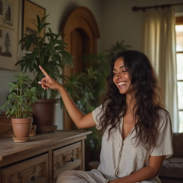 Mulher morena rindo de aparador que não combina com a decoração