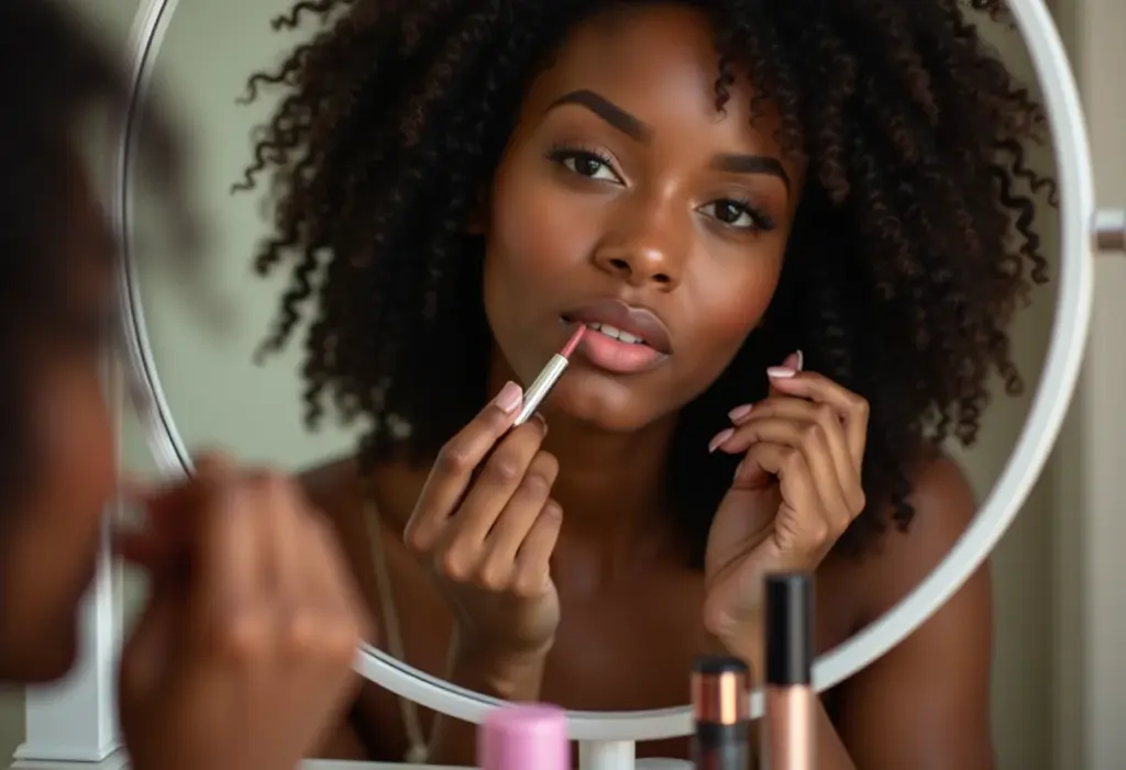 Mulher negra aplicando batom cruelty free