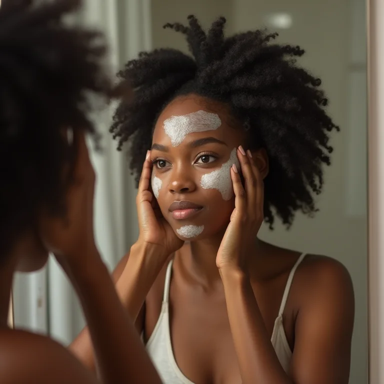 Mulher negra aplicando máscara capilar durante o cronograma capilar