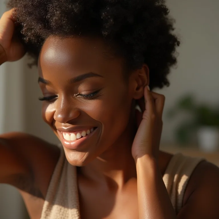 Mulher negra aplicando óleo de argan no cabelo crespo
