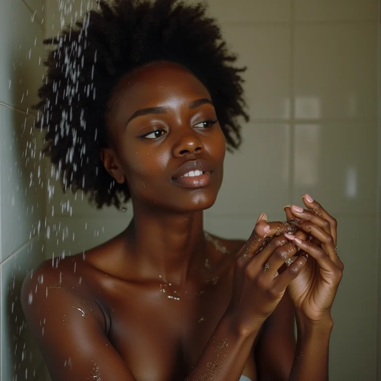 Mulher negra aplicando óleo de banho nutritivo na pele