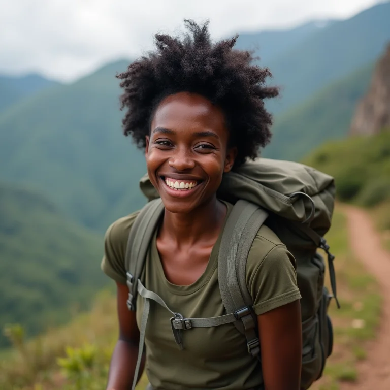 Mulher negra aventureira sorrindo em trilha na montanha.