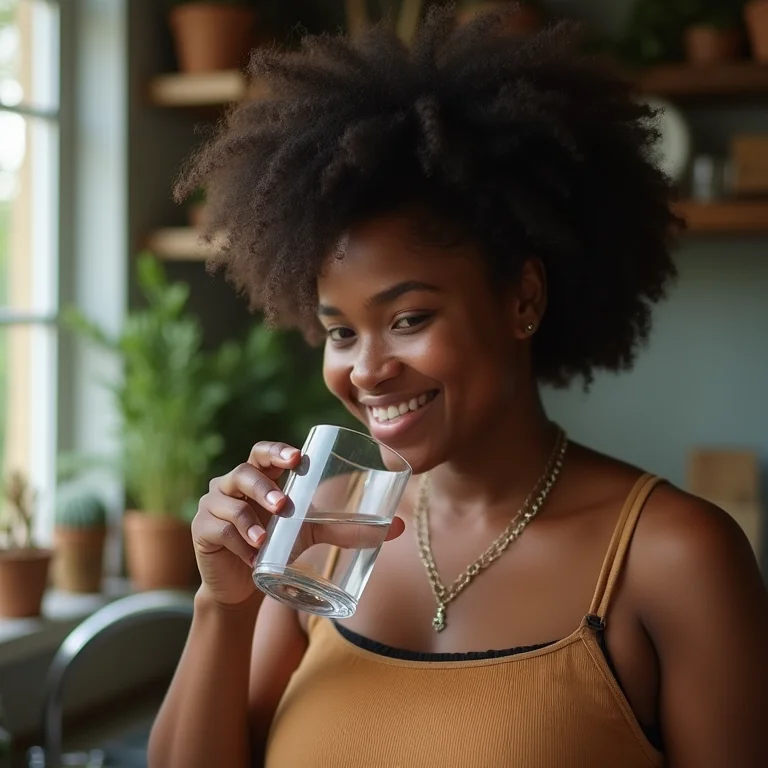 Mulher negra bebendo água para hidratar