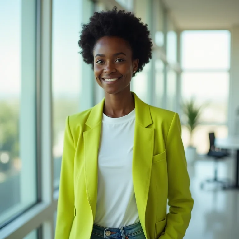 Mulher negra brasileira com blazer verde lima em ambiente de trabalho moderno