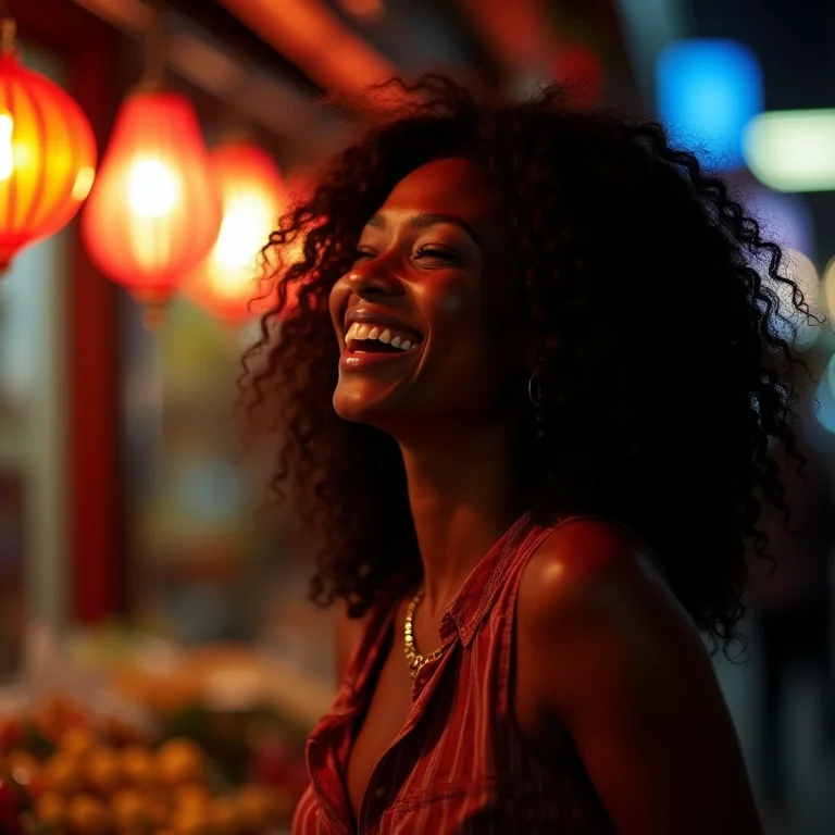 Mulher negra brasileira curtindo a vida noturna em Xangai
