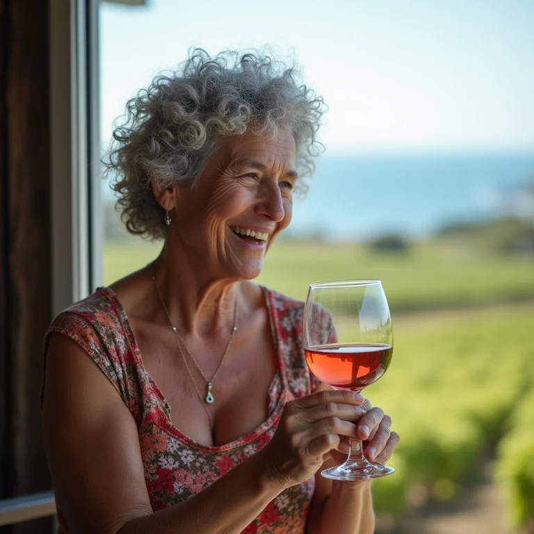 Mulher negra brasileira degustando vinho em vinhedo na Ilha Waiheke.