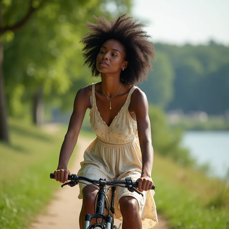Mulher negra brasileira pedalando na Ilha Margarida em Budapeste.
