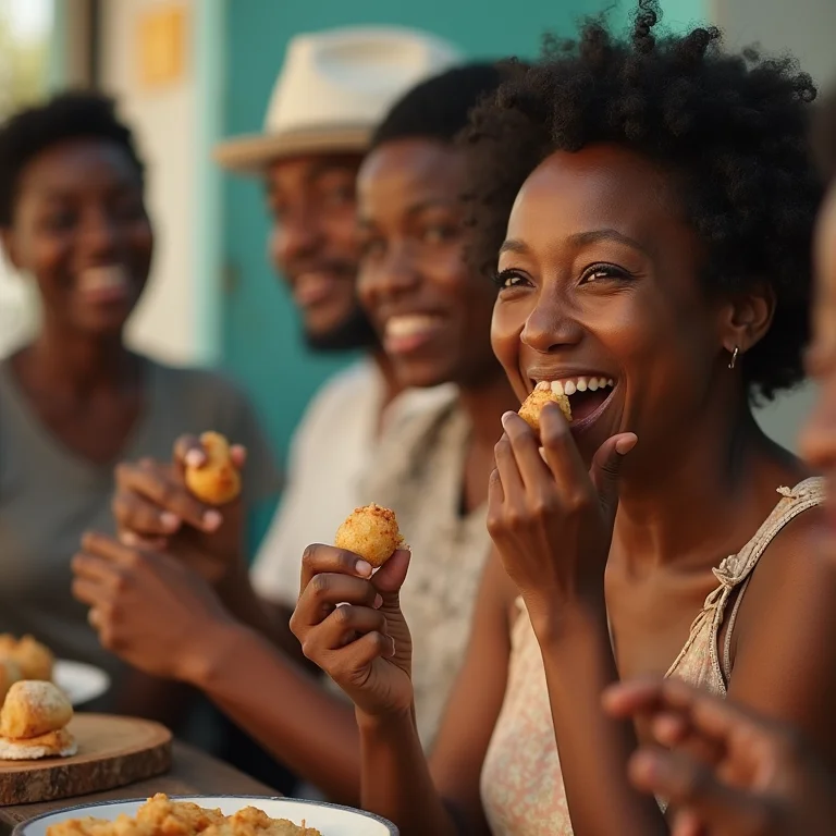 Mulher negra brasileira saboreando a culinária local em Aruba