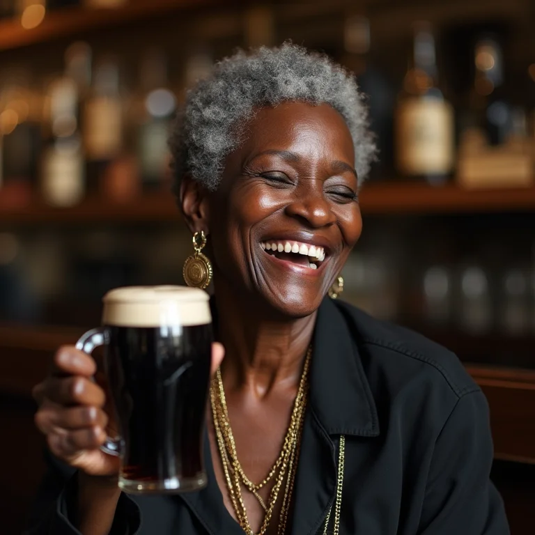 Mulher negra brasileira sorrindo com um copo de Guinness na Guinness Storehouse, Dublin.