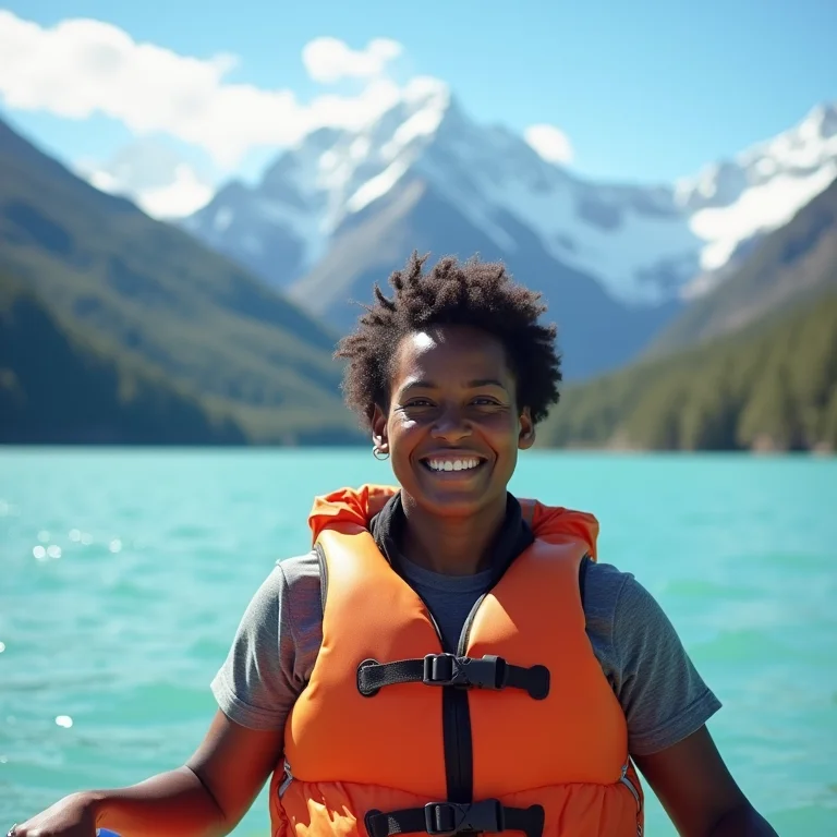 Mulher negra brasileira sorrindo enquanto pratica canoagem na Patagônia no verão