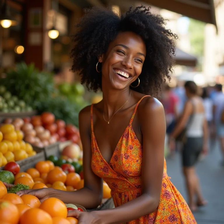 Mulher negra brasileira sorrindo no Mercado Central de San Lorenzo, Florença.