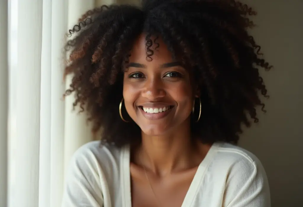 Mulher negra brasileira sorrindo para a câmera
