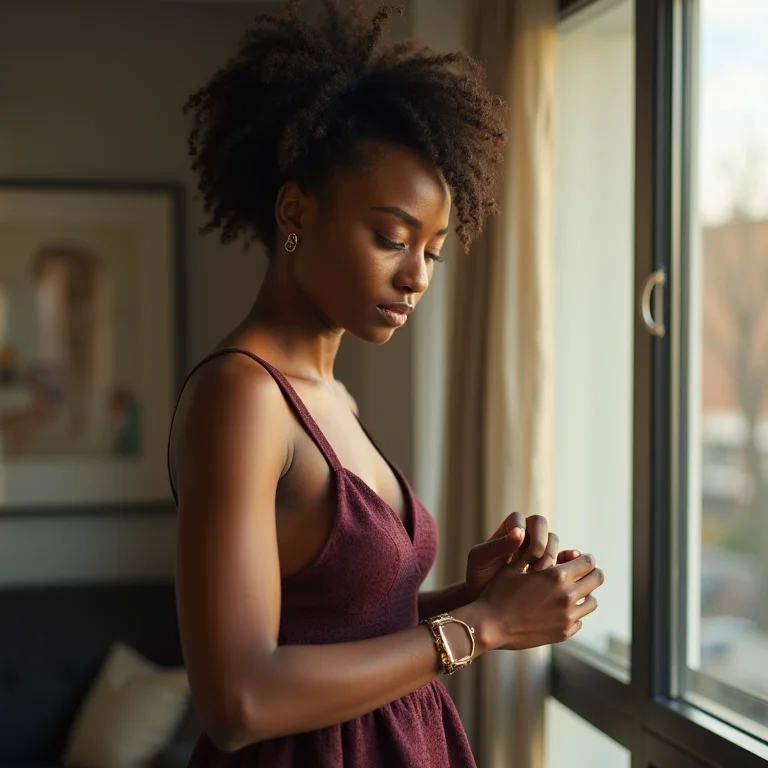 Mulher negra checando as horas para um jantar formal