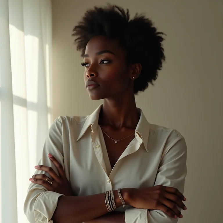 Mulher negra com cabelo natural usando camisa de manga dobrada com pulseiras estilosas.