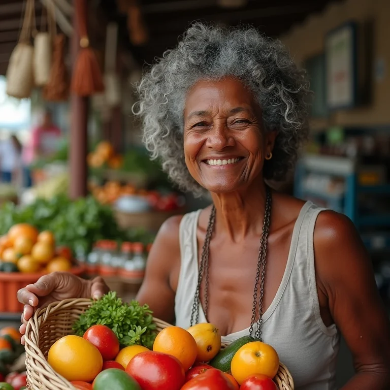 Mulher negra com cesta de frutas no Mercado Ver-o-Peso