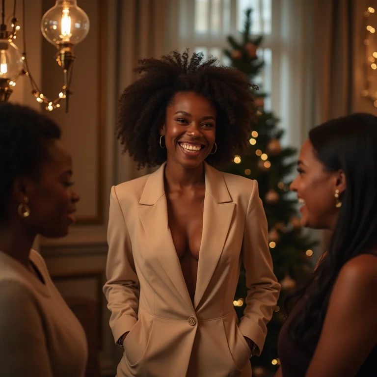 Mulher negra com conjunto de alfaiataria moderno em festa de Natal