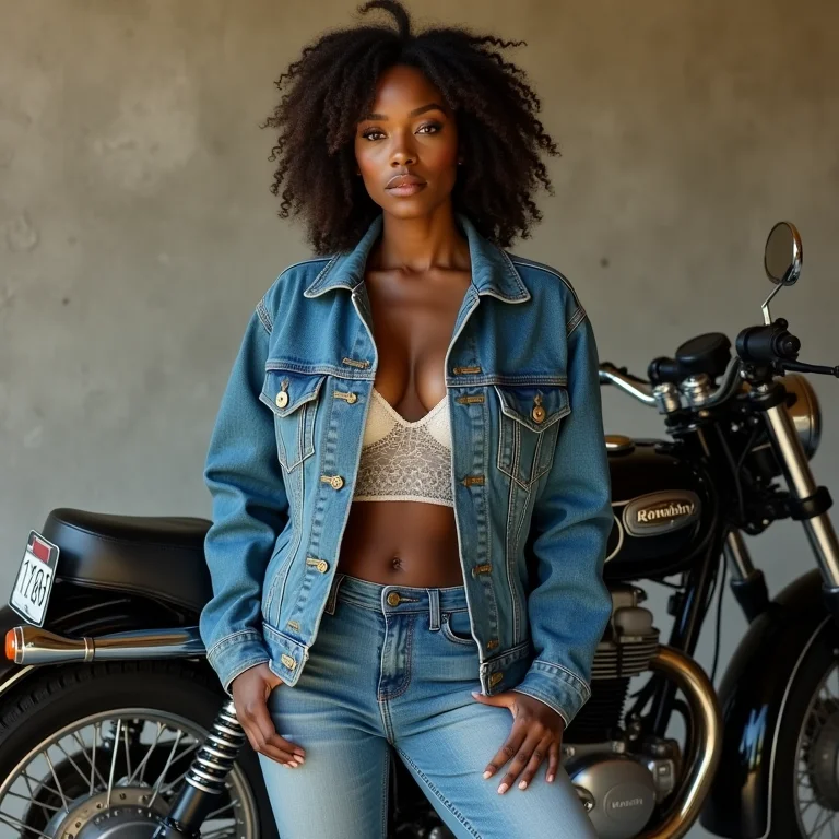Mulher negra com jaqueta jeans, calça e bota de cowboy encostada em moto vintage