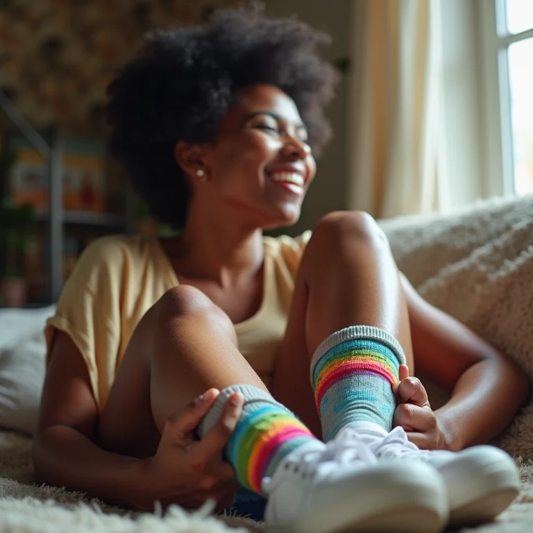 Mulher negra com meias estampadas e tênis branco