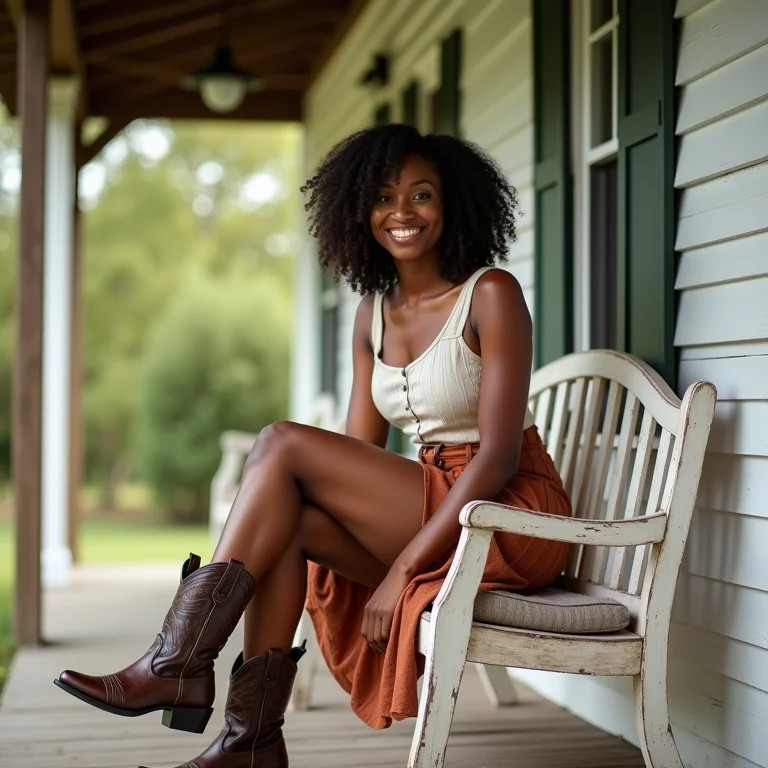 Mulher negra com saia e bota de cowboy sentada em balanço de varanda sorrindo
