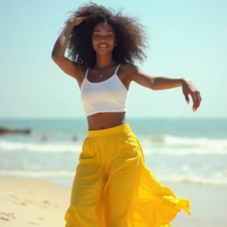 Mulher negra com saia e cropped curtindo o ano novo na praia