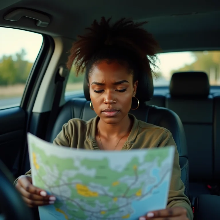 Mulher negra confusa olhando para um mapa rodoviário dentro de um carro.