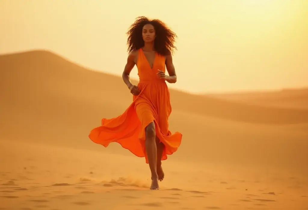 Dunas do Brasil: As fotos mais incríveis que você precisa ver! Mulher negra correndo nas dunas do Brasil ao pôr do sol.