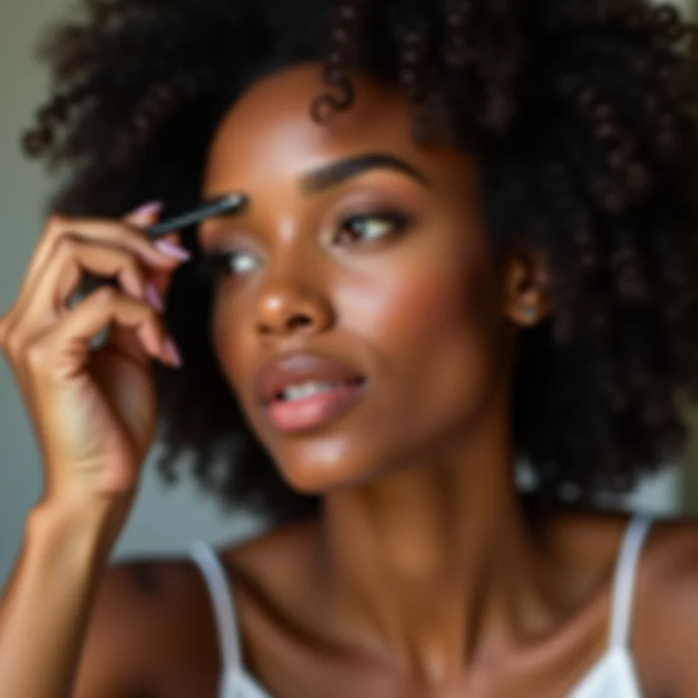 Mulher negra corrigindo as sobrancelhas com maquiagem