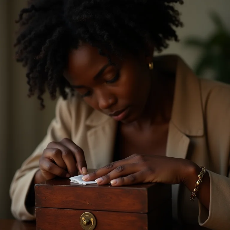 Mulher negra cuidando de caixa de joias antiga.