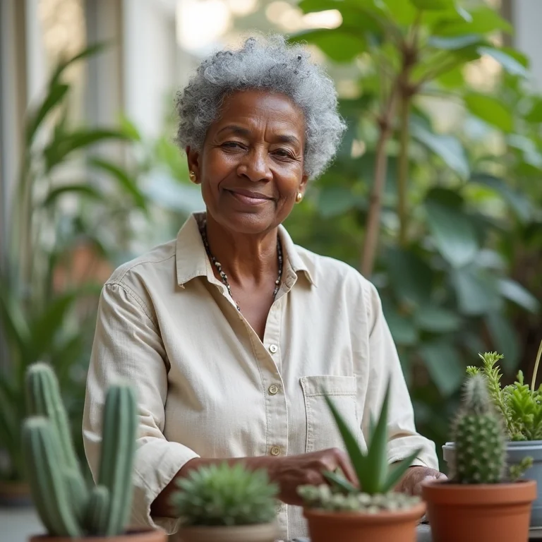 Mulher negra cuidando de suculentas e cactos na varanda.