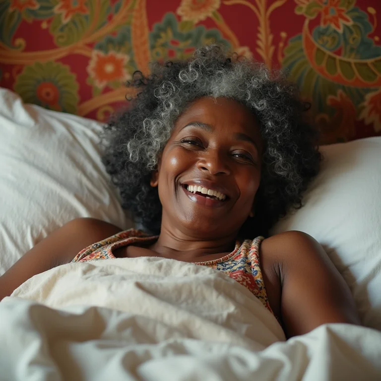 Mulher negra de meia-idade sorrindo em quarto com papel de parede vibrante.