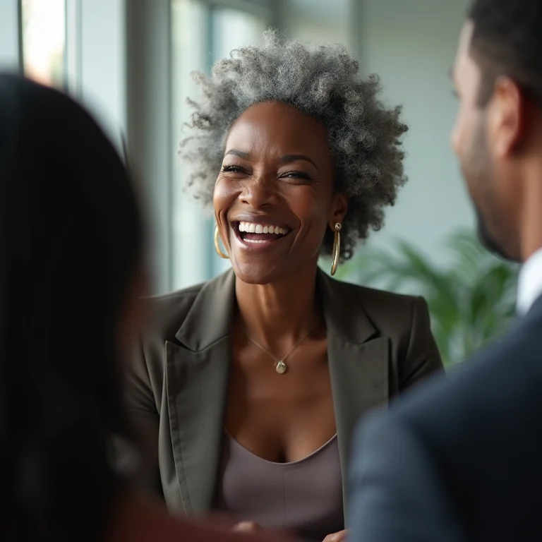 Mulher negra de meia-idade usando slip dress e blazer no escritório.