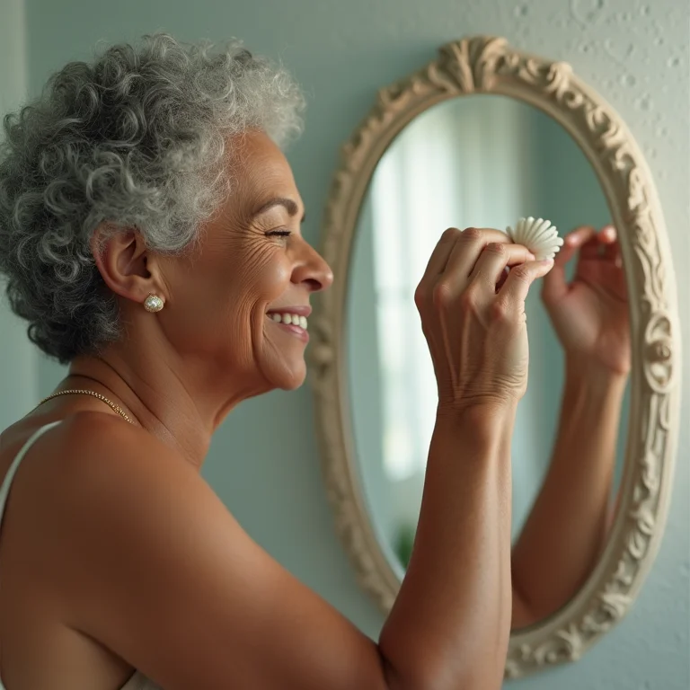 Mulher negra decorando espelho com conchas