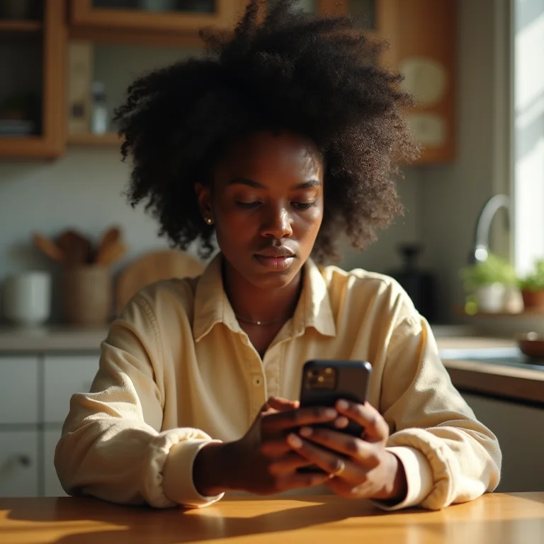 Mulher negra desconfiada olhando para o celular, representando a importância da proteção contra golpes.