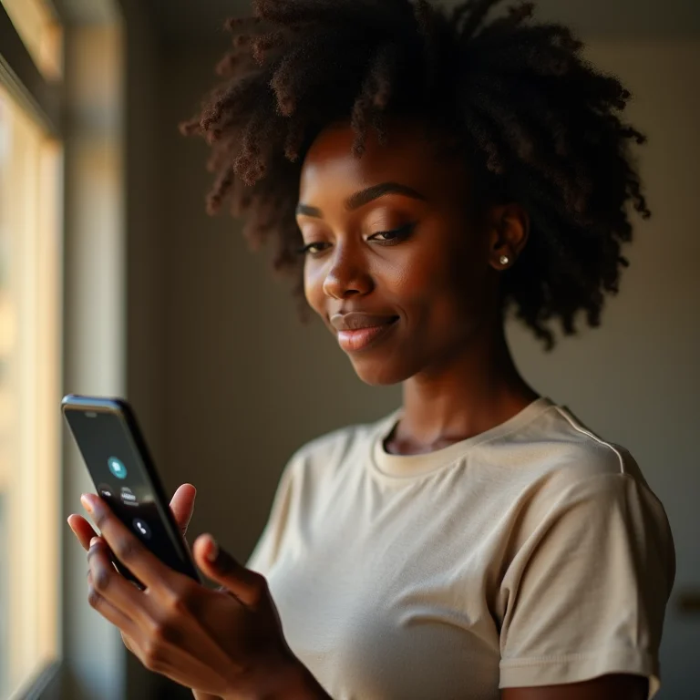 Mulher negra discando código internacional no celular.