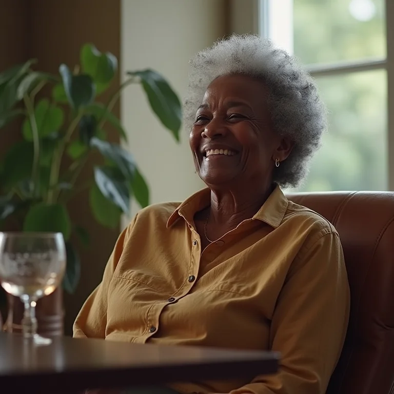 Mulher negra e madura sentada confortavelmente em cadeira de jantar ergonômica.