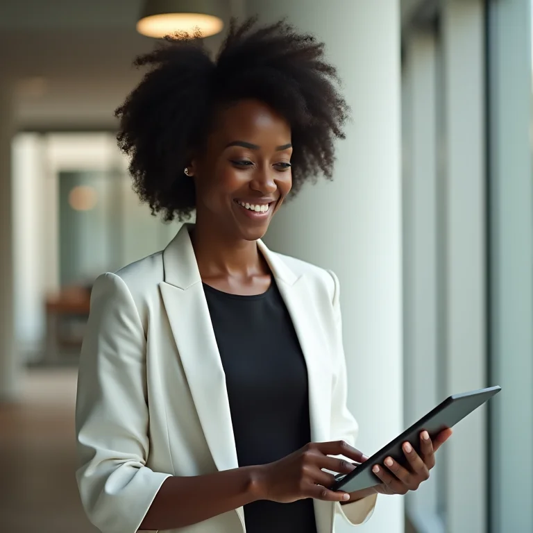 Mulher negra elegante com kimono branco no ambiente de trabalho