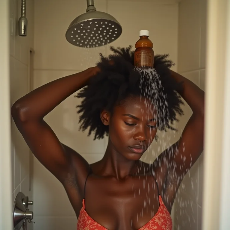 Mulher negra enxaguando o cabelo com vinagre de maçã no chuveiro.