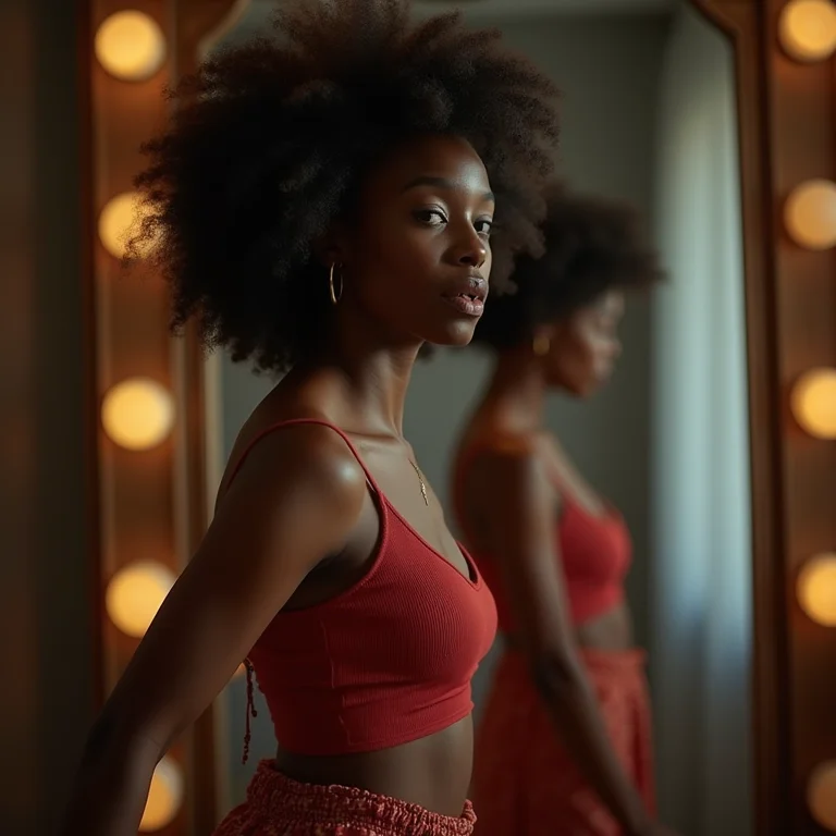 Mulher negra expressando seu estilo em frente ao espelho.