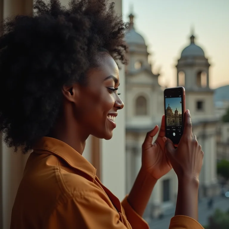 Mulher negra fotografando ponto turístico com smartphone.