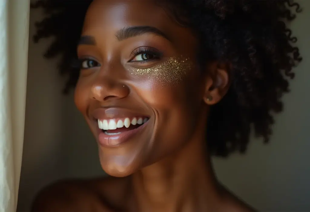 Maquiagem com glitter: o segredo para um visual de milhões Mulher negra jovem sorrindo com maquiagem de glitter.