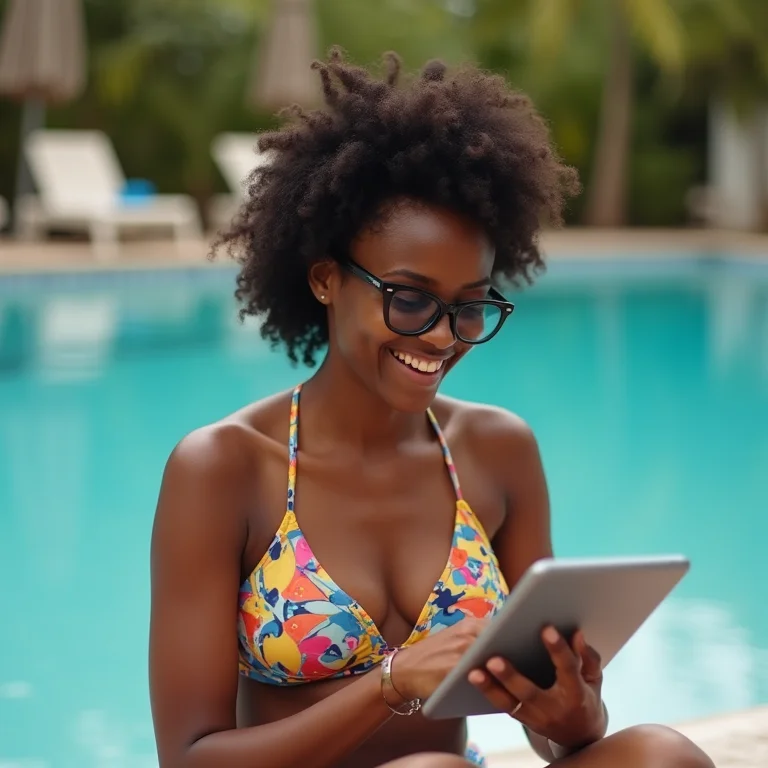 Mulher negra lendo reviews de hotéis