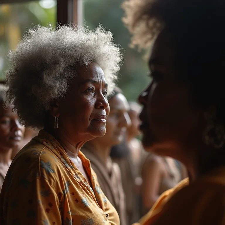 Mulher negra madura admirando as esculturas de Aleijadinho em Congonhas.
