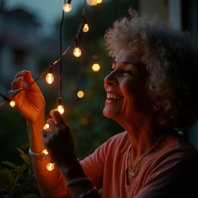 Mulher negra madura ajustando luzes em varanda iluminada