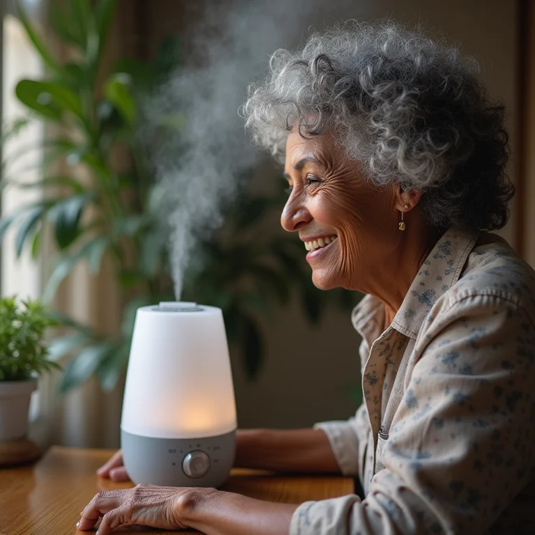 Mulher negra madura ajustando umidificador ultrassônico.